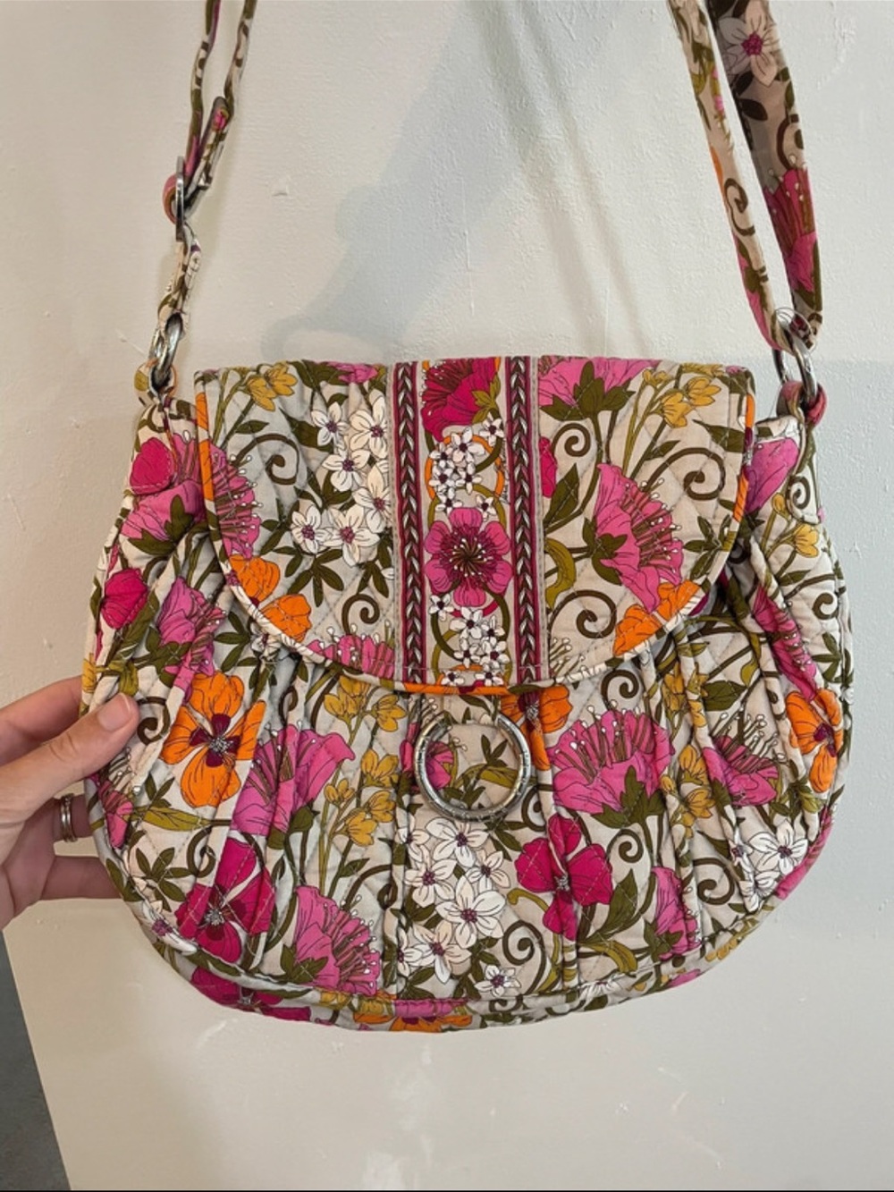 Vera Bradley Floral Quilted Crossbody in Pink, Orange & Cream